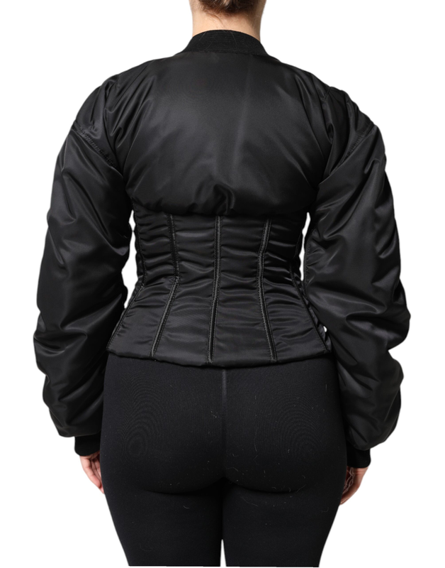 Black nylon full zip bustier corset jacket-null