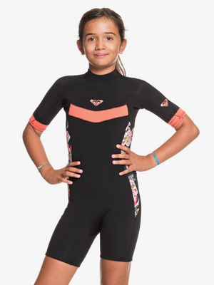 Roxy 2/2mm syncro - back zip short sleeve springsuit for gir, Black/bright Coral, medium