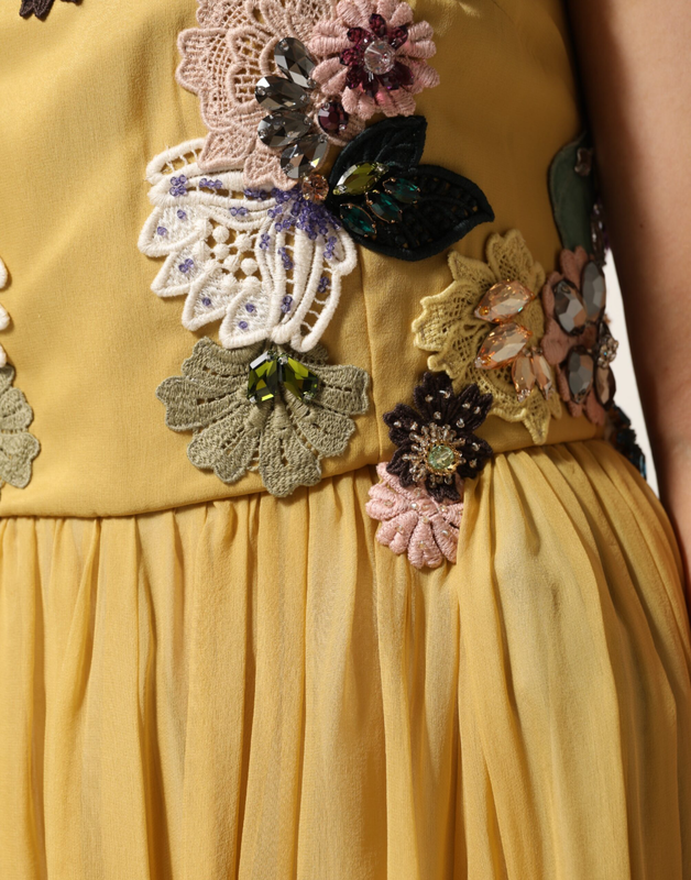 Yellow silk floral embroidered maxi dress-null