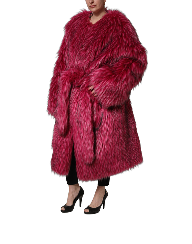 Fuchsia belted faux-fur trench coat jacket-null