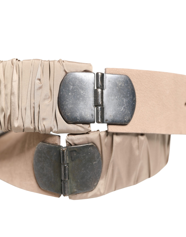Women beige polyester silver metal buckle waist belt-null