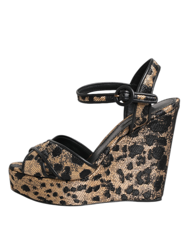 Brown leopard wedges ankle strap sandals shoes-null