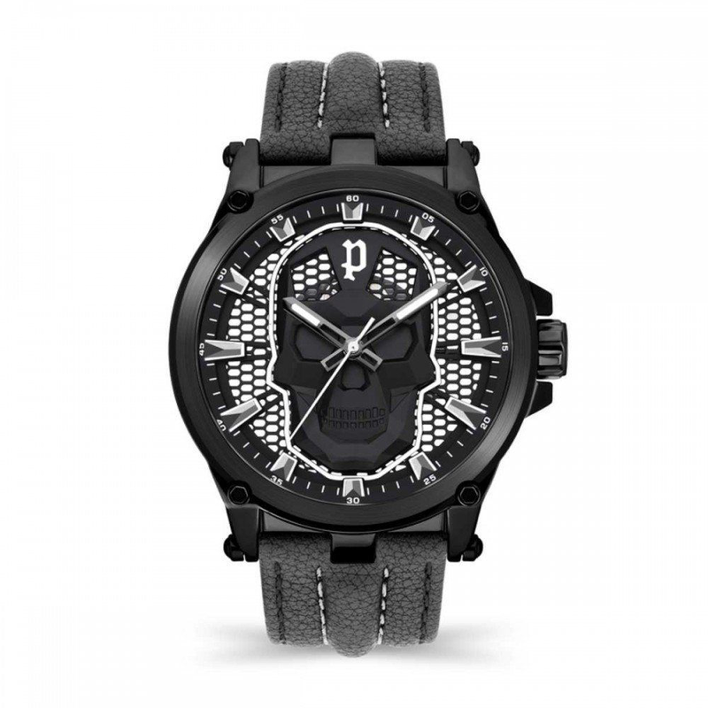 Black leather dress watch-null