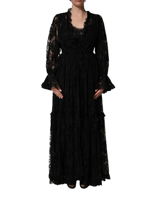 Black lace a-line long evening gown dress, Black, medium