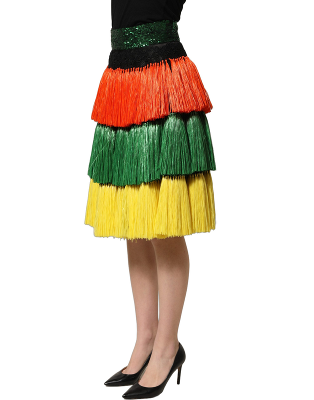 Multicolor fringe sequin high waist knee length skirt-null