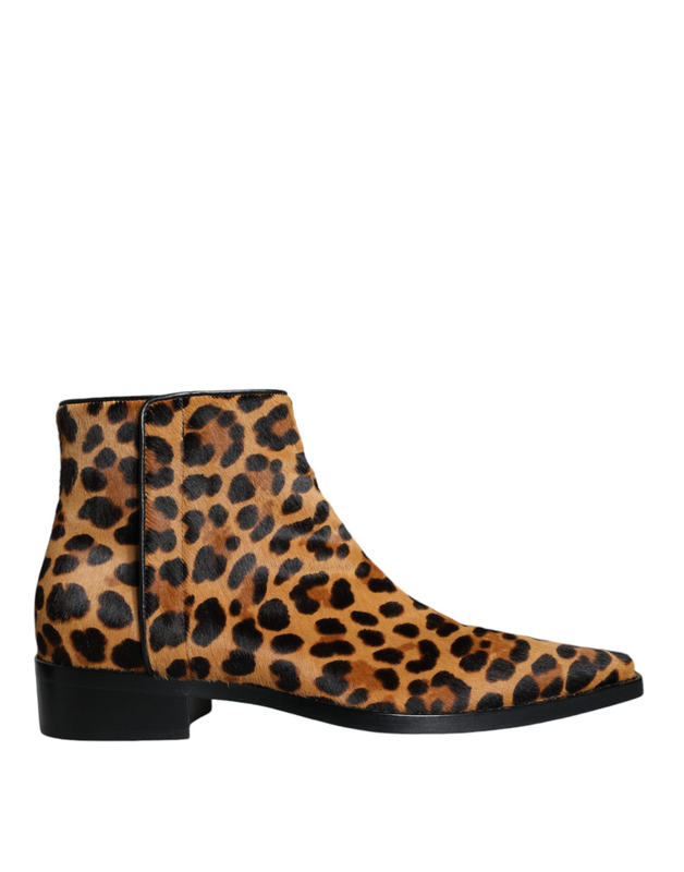 Brown leopard calf fur ankle boots shoes-null