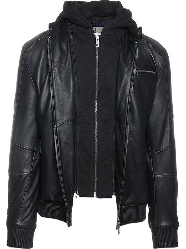 Bomber style leather hoodie jacket image number null