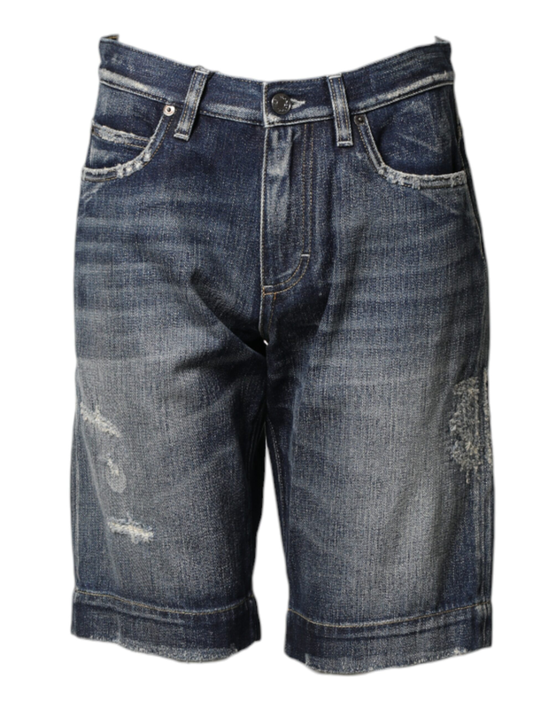 Blue cotton distressed denim bermuda shorts-null