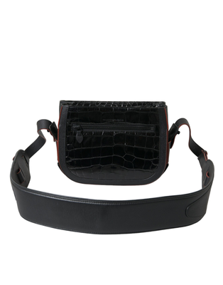 Black exotic leather shoulder crossbody camera bag, Black, medium