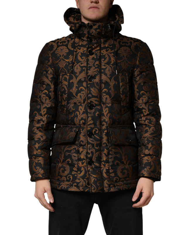 Black floral jacquard quilted hooded jacket-null