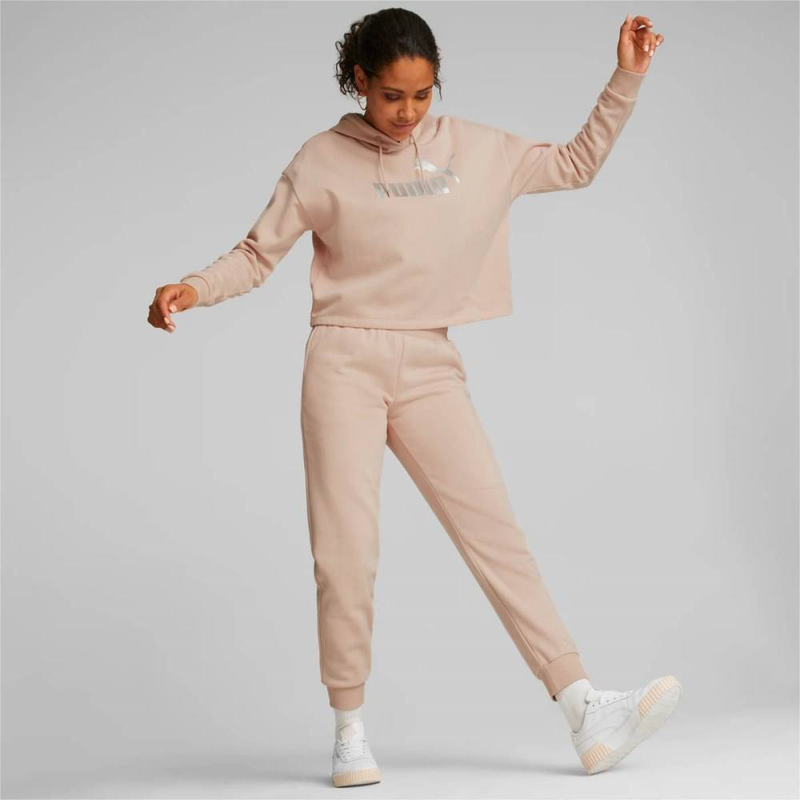 Eshort sleeves+ metallic logo cropped fleece hoodie image number null