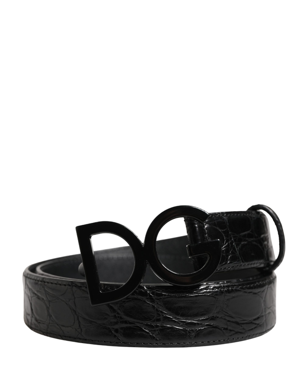 Men black exotic leather logo buckle belt-null