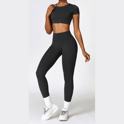 Amor short sleeve crop top legging set, Black/black, medium