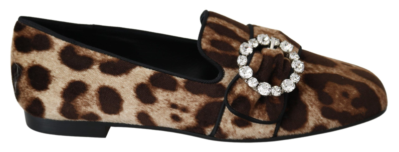 Brown leopard print crystals loafers flats shoes-null