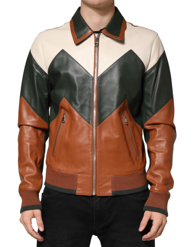 Multicolor leather full zip men biker jacket-null