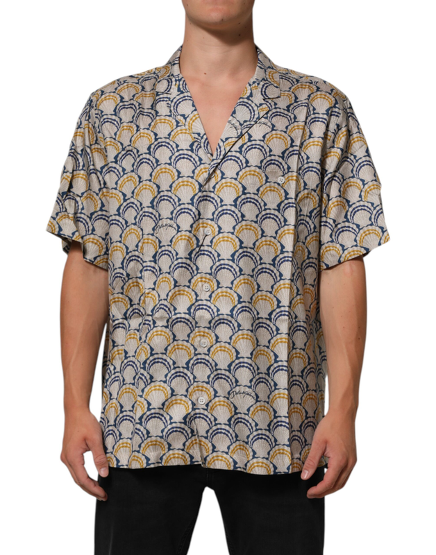 Cream cotton silk hawaii scallop shell print shirt-null