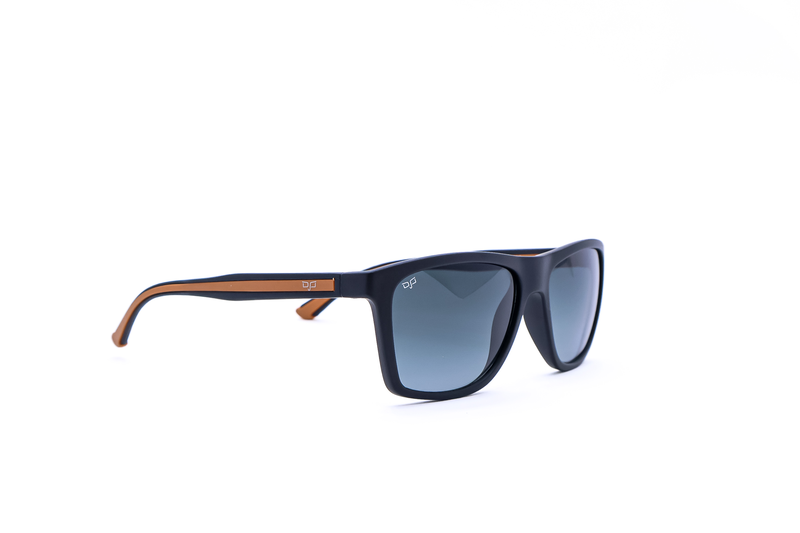 OJO sunglasses man square matte black frame and black orange temples with grey gradient lenses rx-null