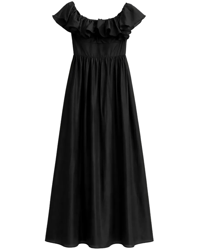 Black maxi off-shoulder dress with ruffles &ndash; elegant women&rsquo;s maxi dress-null