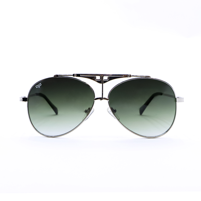 OJO man sunglasses silver frame and temples with blue tips and green gradient lenses rx-null