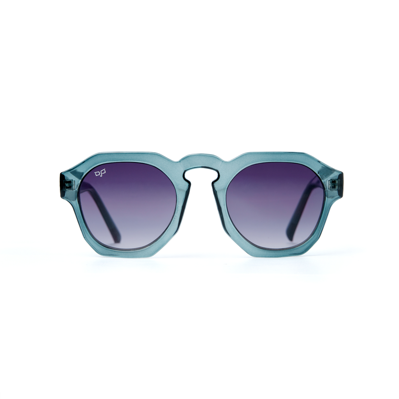 OJO sunglasses trend round clear blue frame and temples and gradient blue lenses rx-null