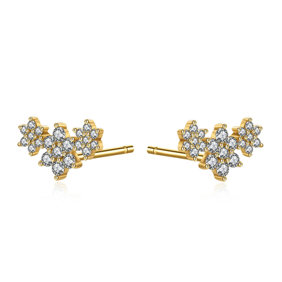 Flower stud earrings, White Zircon-gold Plated 18k, medium