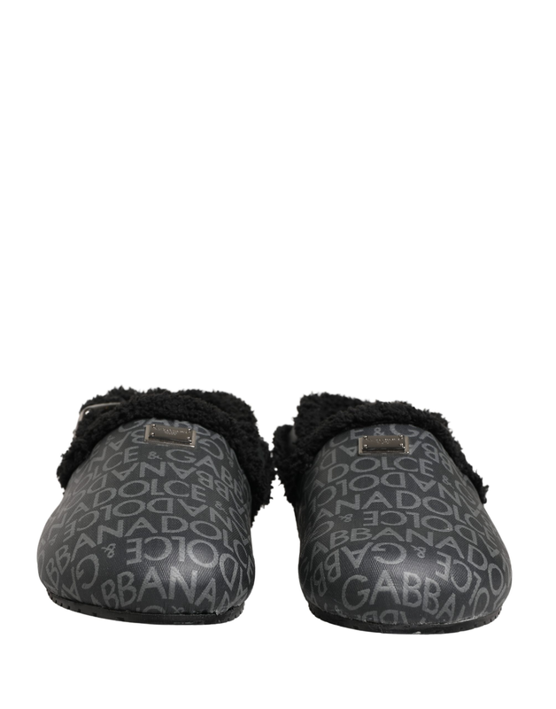 Gray faux fur jacquard mules sandals shoes-null