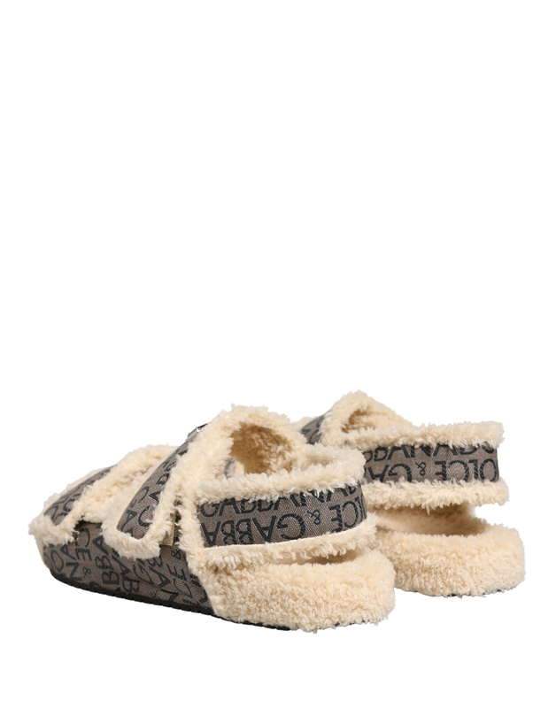 Beige faux fur logo print flats sandals shoes-null