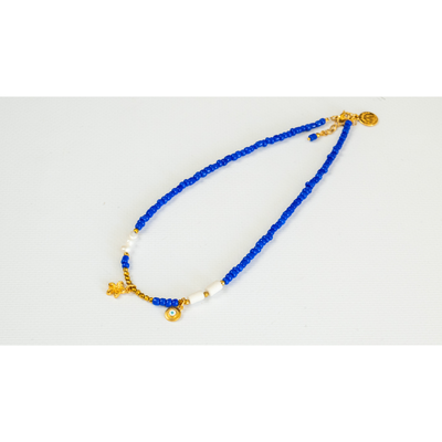 Dark Blue Necklace with Stones of Bright Colours and Flower Element, , medium