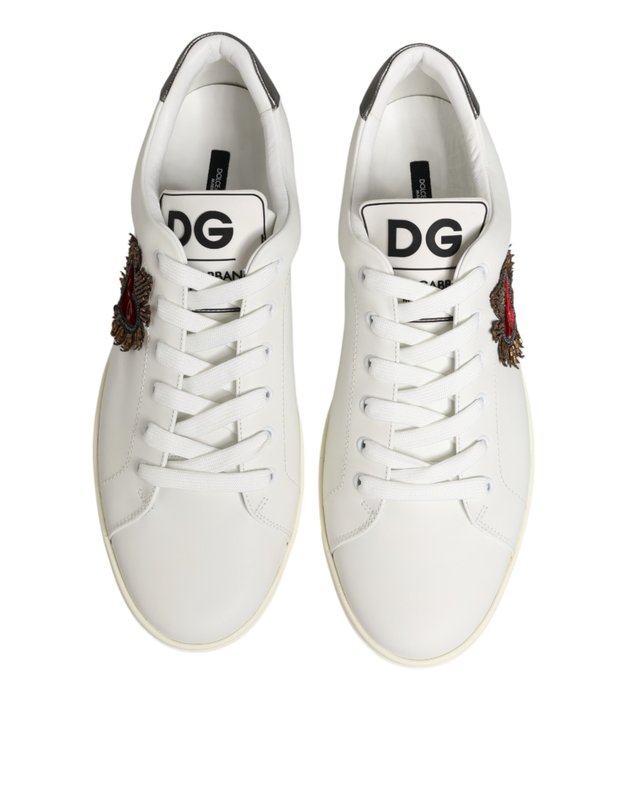 White leather heart embellished sneakers shoes-null