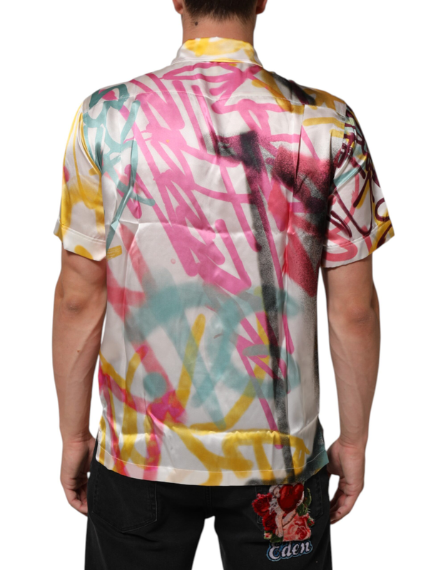 White silk hawaiian graffiti print men casual shirt-null