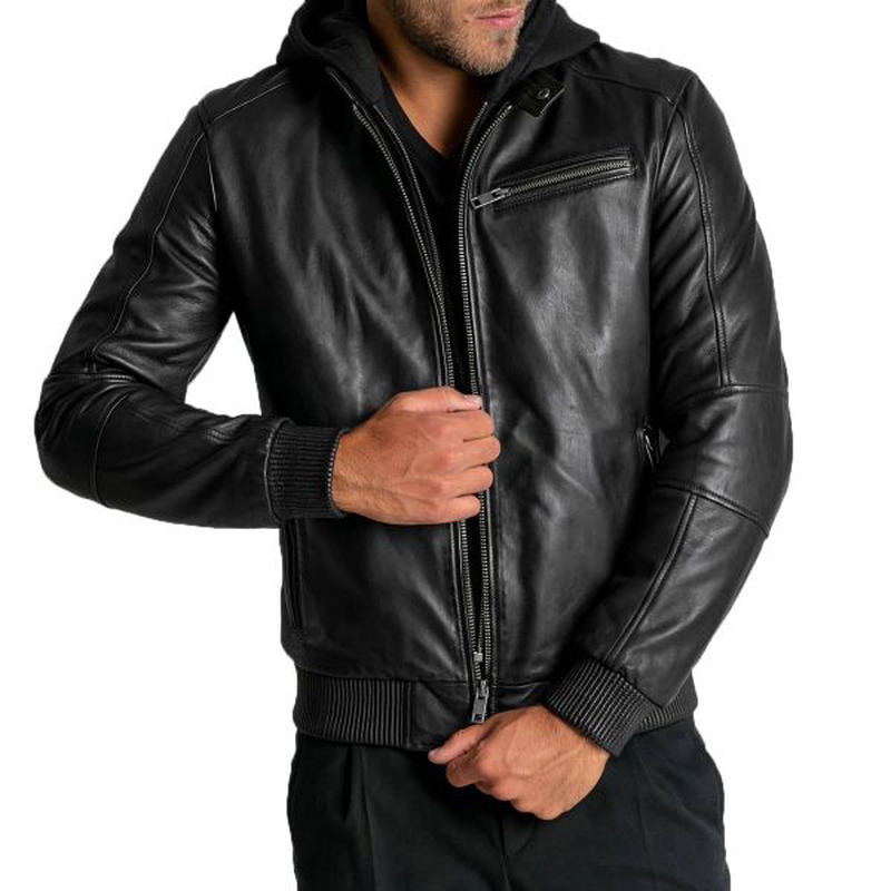 Bomber style leather hoodie jacket image number null