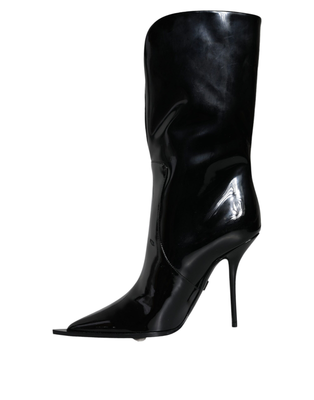 Black patent leather mid calf boots shoes-null