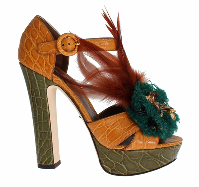 Orange leather crystal platform sandal shoes, Orange, medium