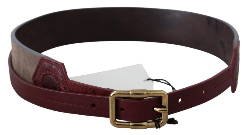 Brown leather wide gold chrome logo buckle belt-null