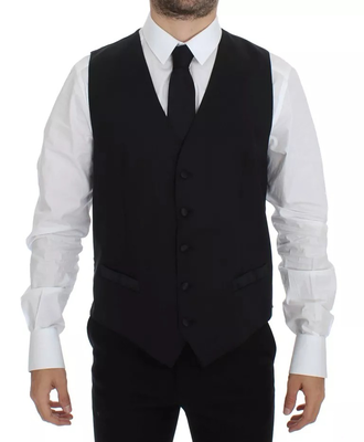 Black wool silk dress gilet jacket vest, Black, medium