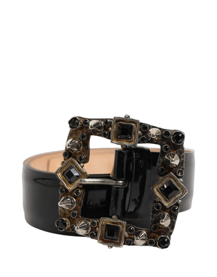Black leather crystal metal buckle belt, Gold, medium