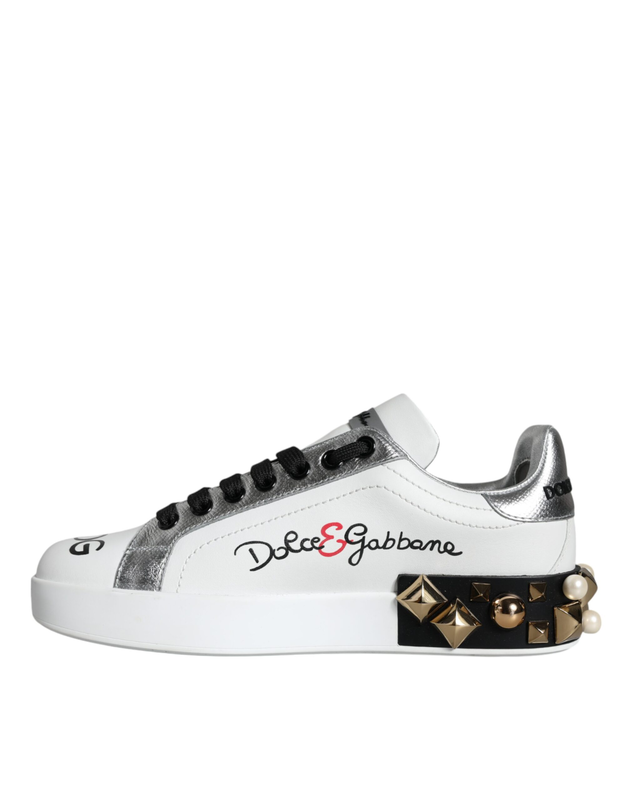 White leather floral studded sneakers shoes-null