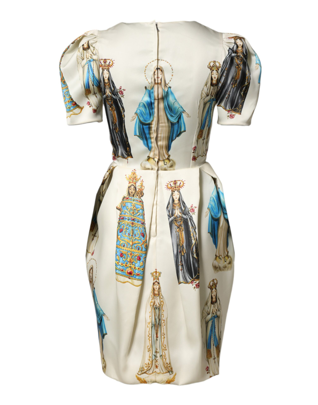 Beige madonne print silk short sleeve dress-null