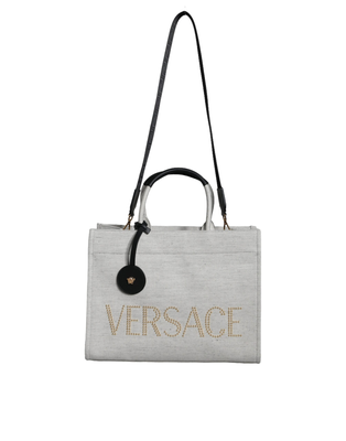 White top handle canvas leather logo crossbody tote bag, Black/white, medium