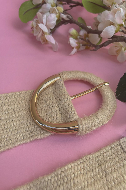 Oval buckle straw belt beige-null