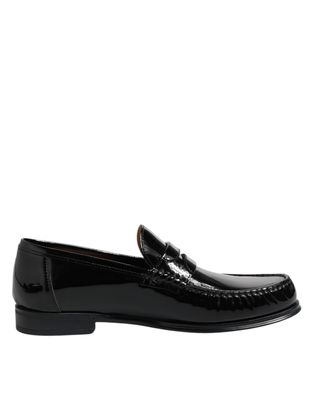 Black leather slip on loafers dress shoes, Black, medium