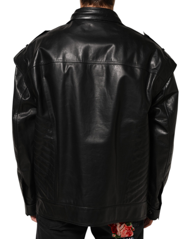 Black leather full zip biker blouson jacket-null