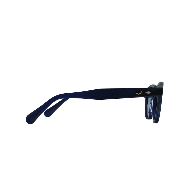 OJO sunglasses oval handmade clear blue frame and temples with blue polarised lenses rx-null