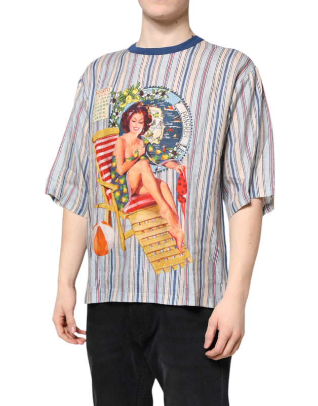 Multicolor striped pin up linen round neck t-shirt-null