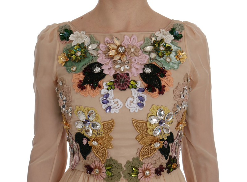 Pink silk floral crystal maxi gown dress-null