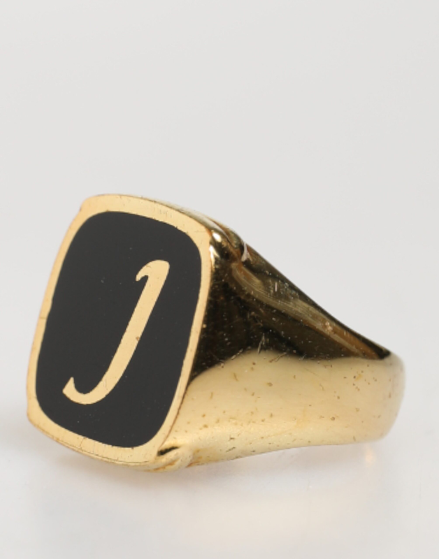 Gold-tone real brass black enamel "j" adjustable rings-null