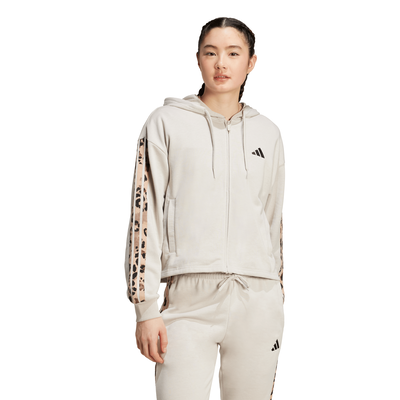 Adidas womens animal print 3-stripes french terry full-zip h, Beige, medium