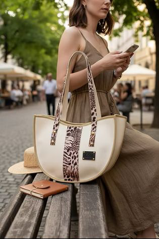 Women's animal print curved tote bag 26135-1210 de raggi cream-null