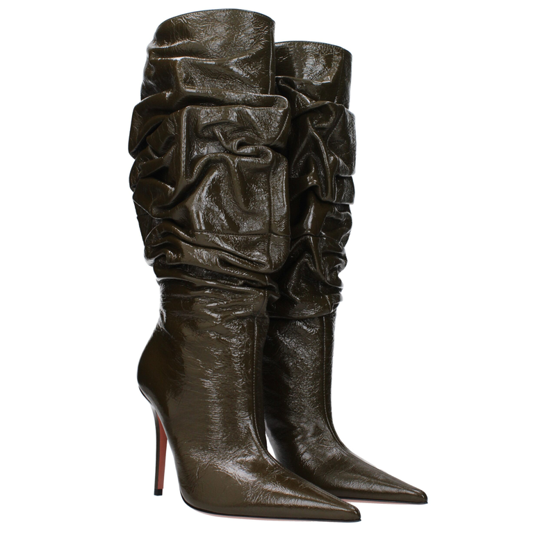 Green leather high heel boots-null