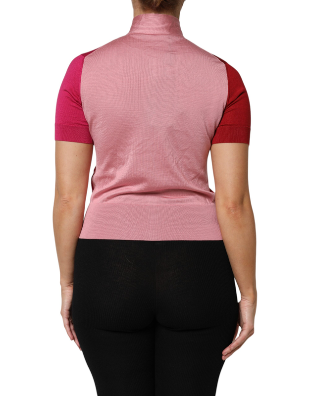 Pink short sleeves buttoned ascot collar top-null